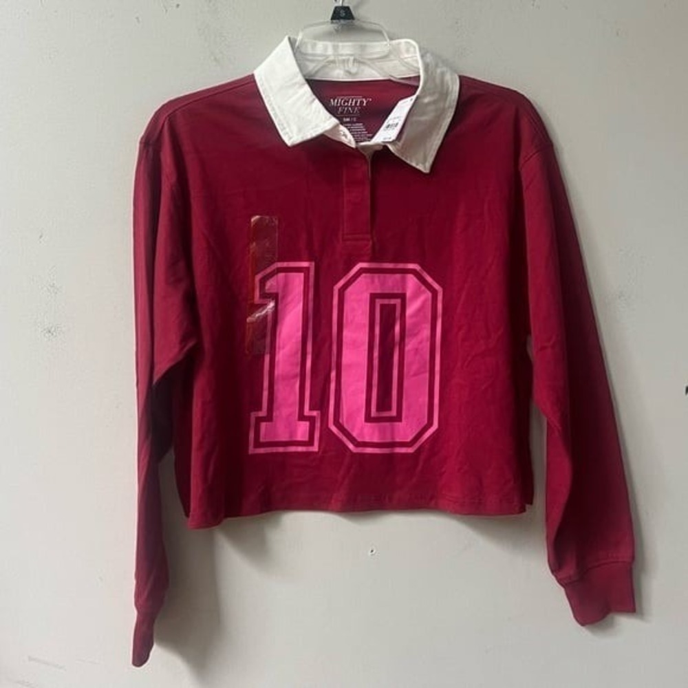 Mighty Fine Rugby 10 Graphic Long Sleeve Cropped Top Womens Small Red Cotton NWT